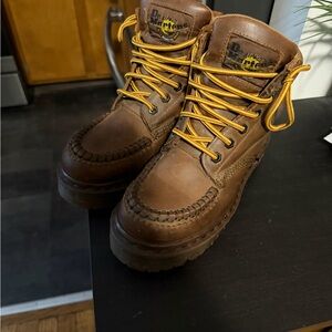Dr. Martens Brown Leather Moc Toe Boots with Yellow Laces